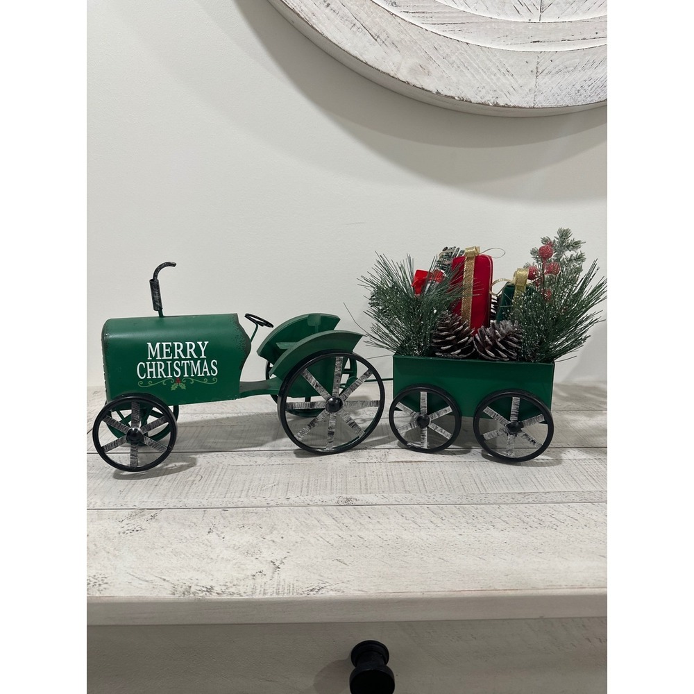 Merry Christmas Green Metal Tractor with Wagon Holiday Decor Farmhouse Rustic